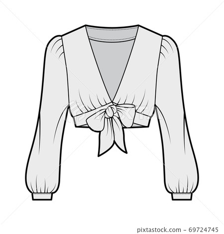 Tie-front cropped shirt technical fashion illustration with voluminous long sleeves, plunging neckline. Flat blouse Tie-front cropped shirt technical fashion illustration with voluminous long sleeves, plunging neckline. Flat blouse 69724745