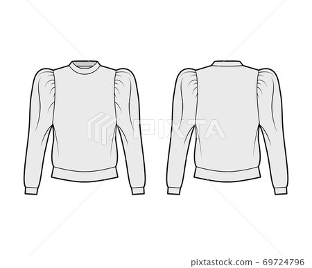 Cotton-jersey sweatshirt technical fashion illustration with relaxed fit, crew neckline, gathered, puffy long sleeves. Cotton-jersey sweatshirt technical fashion illustration with relaxed fit, crew neckline, gathered, puffy long sleeves. 69724796