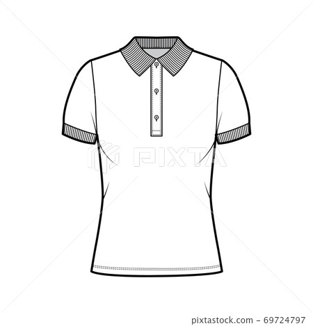 Polo shirt technical fashion illustration with cotton-jersey short sleeves, oversized, buttons along the front outwear Polo shirt technical fashion illustration with cotton-jersey short sleeves, oversized, buttons along the front outwear 69724797