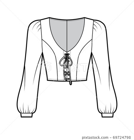 Cropped lace-up top technical fashion illustration with long bishop sleeves, puffed shoulders, fitted body. Flat shirt Cropped lace-up top technical fashion illustration with long bishop sleeves, puffed shoulders, fitted body. Flat shirt 69724798