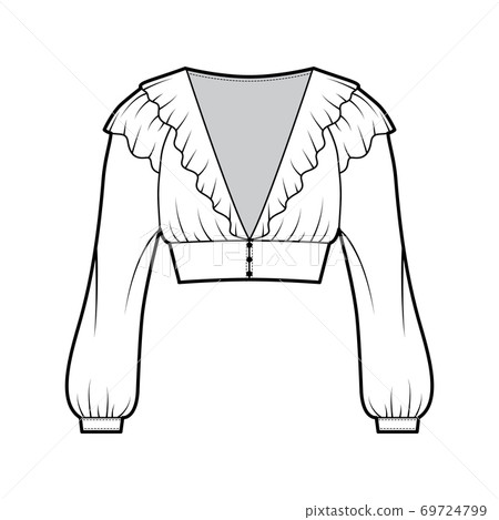 Ruffled cropped blouse technical fashion illustration with long bishop sleeves, puffed shoulders front button fastenings Ruffled cropped blouse technical fashion illustration with long bishop sleeves, puffed shoulders front button fastenings 69724799