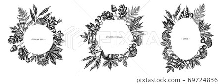 Frames with black and white fern, dog rose, rowan, ginkgo, maple, oak, horse chestnut, chestnut Frames with black and white fern, dog rose, rowan, ginkgo, maple, oak, horse chestnut, chestnut 69724836