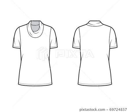 Cowl turtleneck jersey sweater technical fashion illustration with short sleeves, oversized body, tunic length. Cowl turtleneck jersey sweater technical fashion illustration with short sleeves, oversized body, tunic length. 69724837