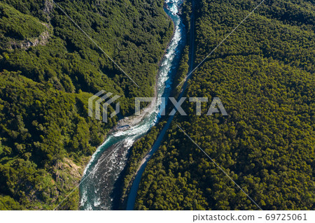 Aerial landscape of Osorno Volcano and Falls of Petrohue - Puerto Varas, Chile, South America. 69725061