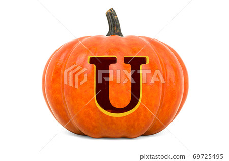 Letter U Halloween Font. Pumpkin with carved letter, 3D rendering Letter U Halloween Font. Pumpkin with carved letter, 3D rendering 69725495