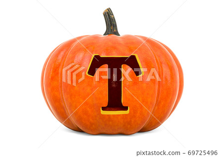 Letter T Halloween Font. Pumpkin with carved letter, 3D rendering Letter T Halloween Font. Pumpkin with carved letter, 3D rendering 69725496