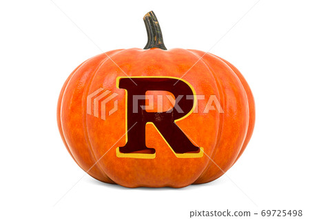 Letter R Halloween Font. Pumpkin with carved letter, 3D rendering Letter R Halloween Font. Pumpkin with carved letter, 3D rendering 69725498