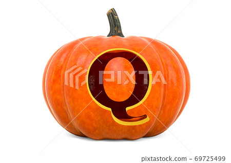 Letter Q Halloween Font. Pumpkin with carved letter, 3D rendering Letter Q Halloween Font. Pumpkin with carved letter, 3D rendering 69725499