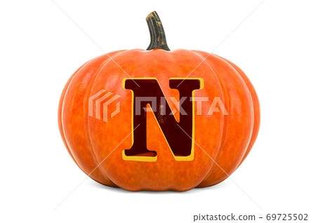Letter N Halloween Font. Pumpkin with carved letter, 3D rendering Letter N Halloween Font. Pumpkin with carved letter, 3D rendering 69725502