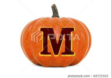 Letter M Halloween Font. Pumpkin with carved letter, 3D rendering Letter M Halloween Font. Pumpkin with carved letter, 3D rendering 69725503