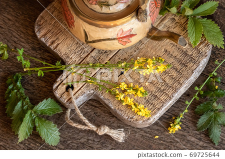 Agrimony flowers with a teapot 69725644