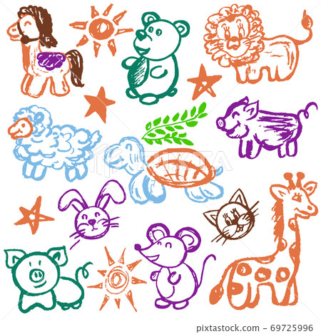 Cute children's drawing. Colored wax crayons. Icons, signs, symbols, pins 69725996