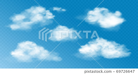 Realistic white clouds set. Vector collection of 3d smoke or fog. Natural cumulus clouds design elements on transparent background for weather forecast. 69726647
