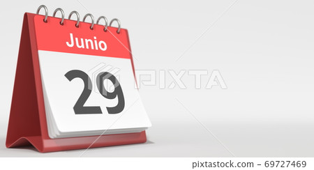 June 29 date written in Spanish on the flip calendar, 3d rendering June 29 date written in Spanish on the flip calendar, 3d rendering 69727469
