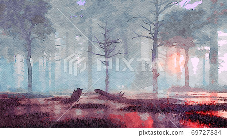 Mystical forest swamp watercolor sketch landscape 69727884