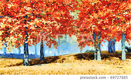 Colorful autumn maple forest watercolor landscape 69727885