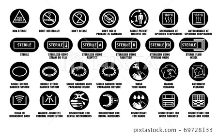 Full vector package collection of symbols for medical device, equipment, instruments, materials. Sterile and black icons isolated on white 69728133