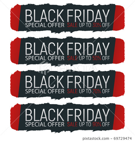 Set of concept black friday event banner and flyer, big sale clearance font text vector illustration. Design advertisement closeout promotion label, shopping day. 69729474