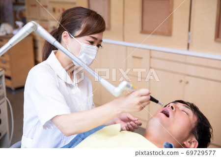 男性患者和牙科保健員 69729577