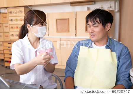 Dental hygienist and male patient 69730747