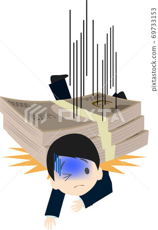 Illustration of a painful businessman crushed by a wad of debt 69733153