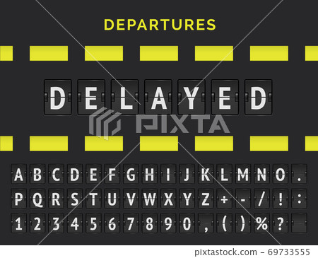 Airport analog flip board showing flight information of departure or arrival status Delayed with aircraft sign icon and alphabet. Vector Airport analog flip board showing flight information of departure or arrival status Delayed with aircraft sign icon and alphabet. Vector 69733555