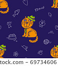 Seamless pattern for textile. Mr ginger cat in the green hat and tie. Cute red kitty on the dark blue background. Kids club or zooclinic 69734606
