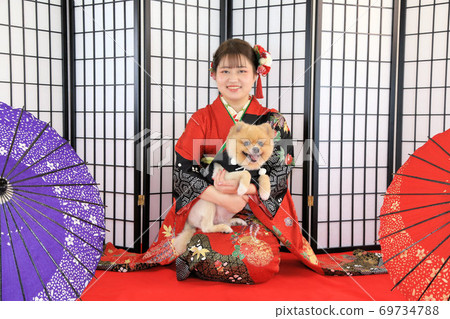 Adult Furisode Studio Shooting with Pet Dog 69734788