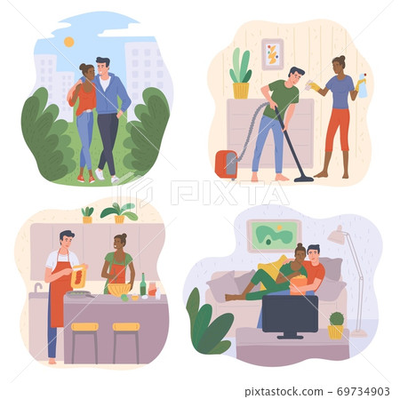 Couple joint pastime set with men and women flat vector illustration isolated. 69734903