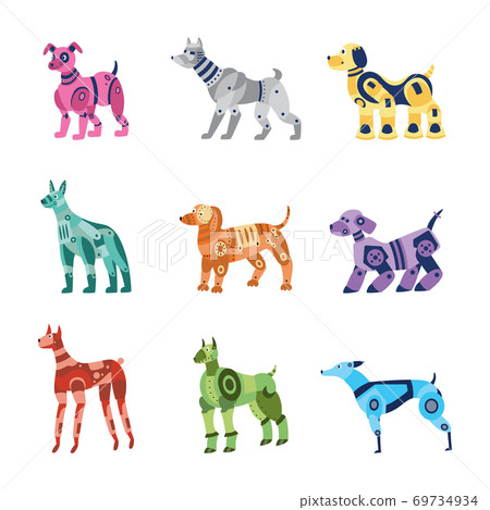 Set of metal robots dogs cartoon characters, flat vector illustration isolated. 69734934