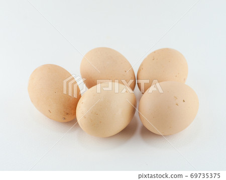 5 fresh chicken eggs dirty from chicken manure on white background 69735375