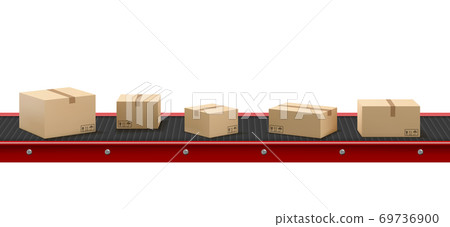 Conveyor belt with cardboard boxes at factory 69736900