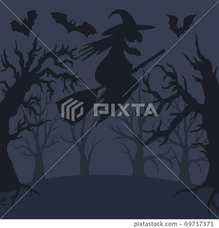 Vector helloween illustration with spooky forest and silhouette witch and bats 69737371