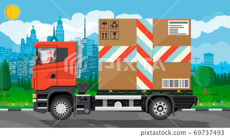 Red delivery van with big cardboard box in city. 69737493