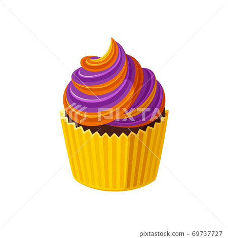 Halloween cupcake with swirled cream. Orange and purple treat for Halloween party. Vector illustration 69737727