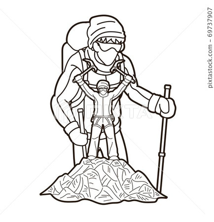 Group of people Hiker climbing mountain hiking cartoon graphic vector	 69737907