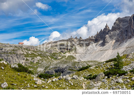 View from the three peaks of Lavaredo in the Sexten Dolomites of Italy. 69738051