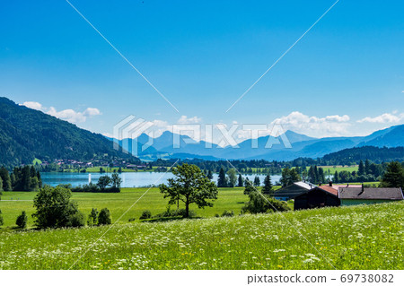 Lake Walchsee near Koessen at the Wilder and Zahmer Kaiser in Tirol, Austria 69738082