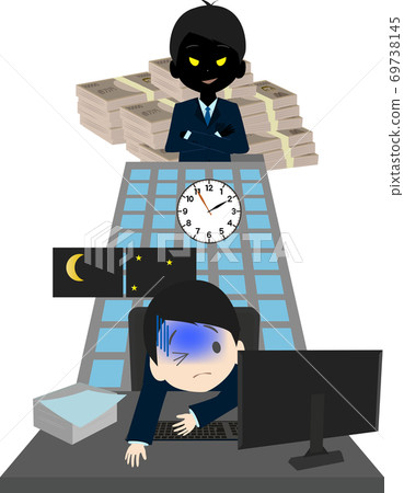 Illustration of a vicious president who does not think about employees looking down from the top of the building 69738145