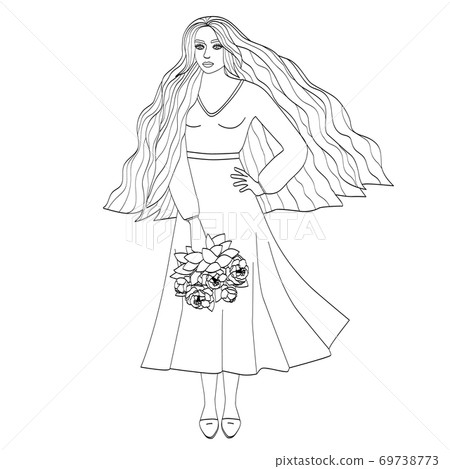 A beautiful girl with long hair is holding a bouquet of flowers. Silhouette of a young woman, black outline on white.  69738773