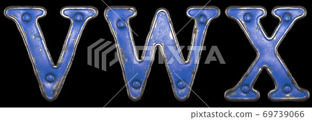 Set of uppercase letters V, W, X made of painted metal with blue rivets on black background. 3d 69739066