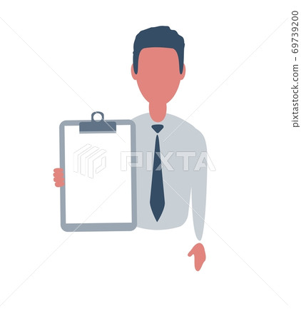 Businessman or clerk. Male character in trendy simple style with objects, flat vector illustration Businessman or clerk. Male character in trendy simple style with objects, flat vector illustration 69739200
