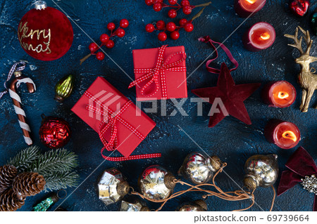 Christmas flat lay scene with golden decorations 69739664