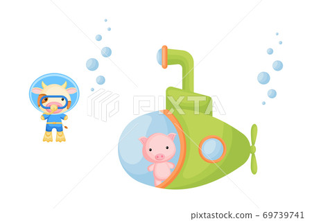 Cute cartoon pig looks out of submarine window and cute cow in diving suit swim underwater. Design of t-shirt, album, card, invitation. 69739741