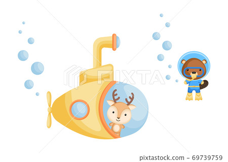 Cute cartoon deer looks out of submarine window and cute beaver in diving suit swim underwater. Design of t-shirt, album, card, invitation. 69739759