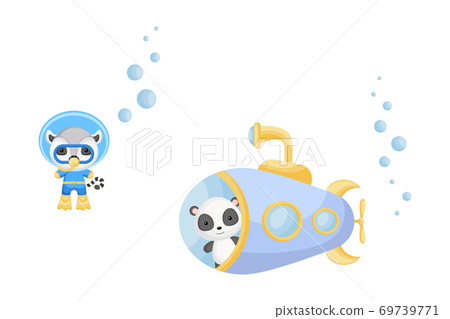 Cute cartoon panda looks out of submarine window and cute lemur in diving suit swim underwater. Design of t-shirt, album, card, invitation. 69739771