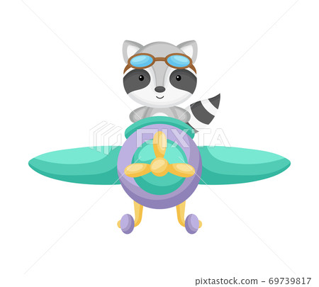 Cute raccoon pilot wearing aviator goggles flying an airplane. Graphic element for childrens book, album, scrapbook, postcard, mobile game. 69739817