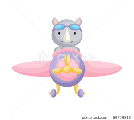 Cute rhino pilot wearing aviator goggles flying an airplane. Graphic element for childrens book, album, scrapbook, postcard, mobile game. Cute rhino pilot wearing aviator goggles flying an airplane. Graphic element for childrens book, album, scrapbook, postcard, mobile game. 69739818