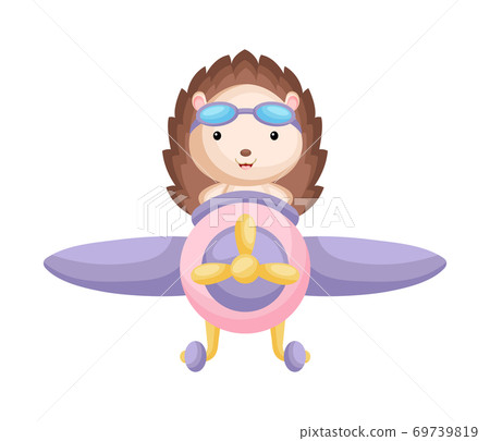Cute hedgehog pilot wearing aviator goggles flying an airplane. Graphic element for childrens book, album, scrapbook, postcard, game. Cute hedgehog pilot wearing aviator goggles flying an airplane. Graphic element for childrens book, album, scrapbook, postcard, game. 69739819
