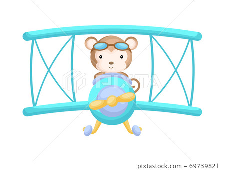 Cute monkey pilot wearing aviator goggles flying an airplane. Graphic element for childrens book, album, scrapbook, postcard, mobile game. Cute monkey pilot wearing aviator goggles flying an airplane. Graphic element for childrens book, album, scrapbook, postcard, mobile game. 69739821
